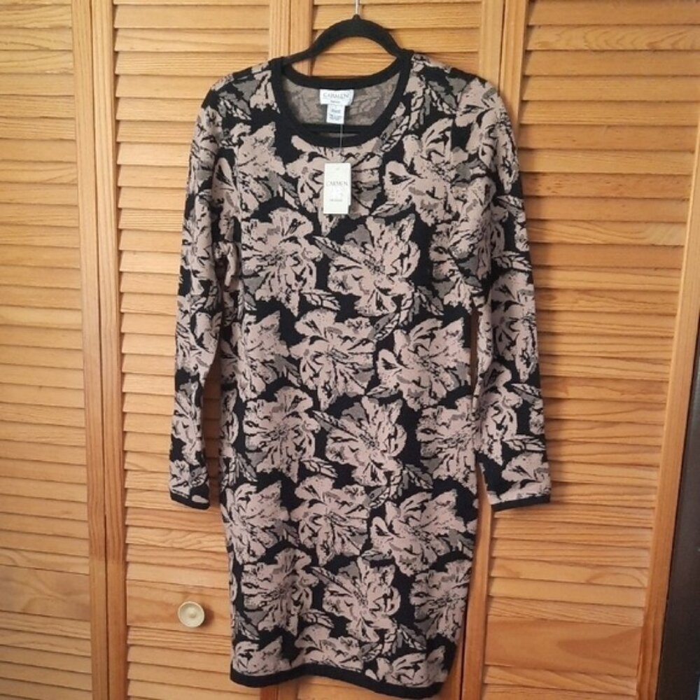 Carmen Carmen Marc Valvo NWT Black Brown Long Sleeve Sweater Dress Size Large